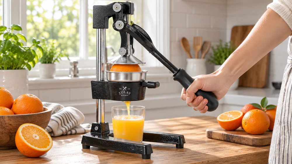 A Zulay cast iron citrus press mid-stroke, a halved orange under the lever and juice running into a glass cup below.