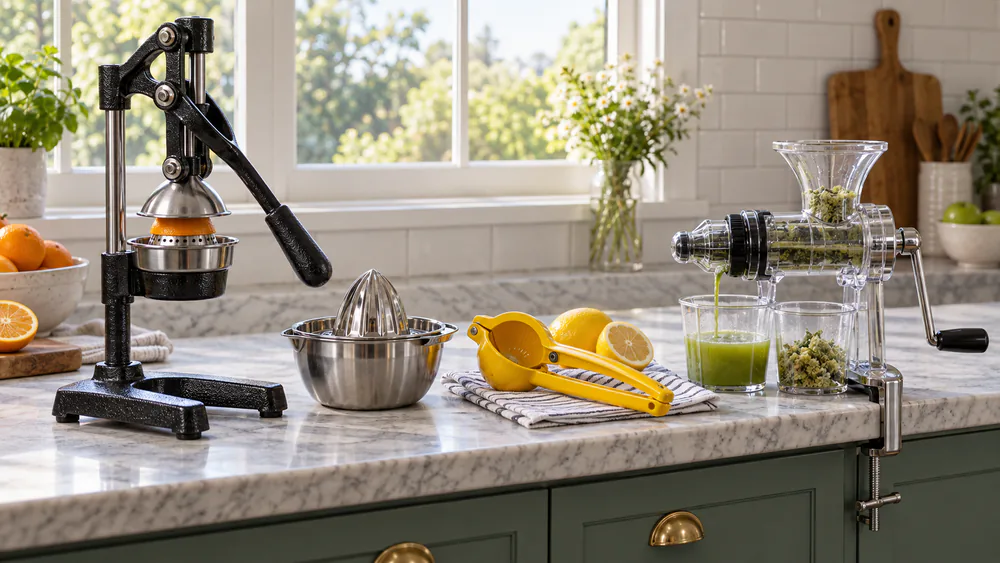 Four manual juicers side by side on a kitchen counter: a lever press, a countertop reamer with cup, a handheld squeezer, and a hand-cranked auger juicer.