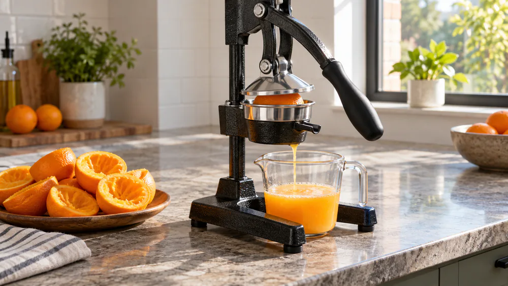 A clear measuring cup holding freshly pressed orange juice on a kitchen counter, with a lever press juicer behind it.