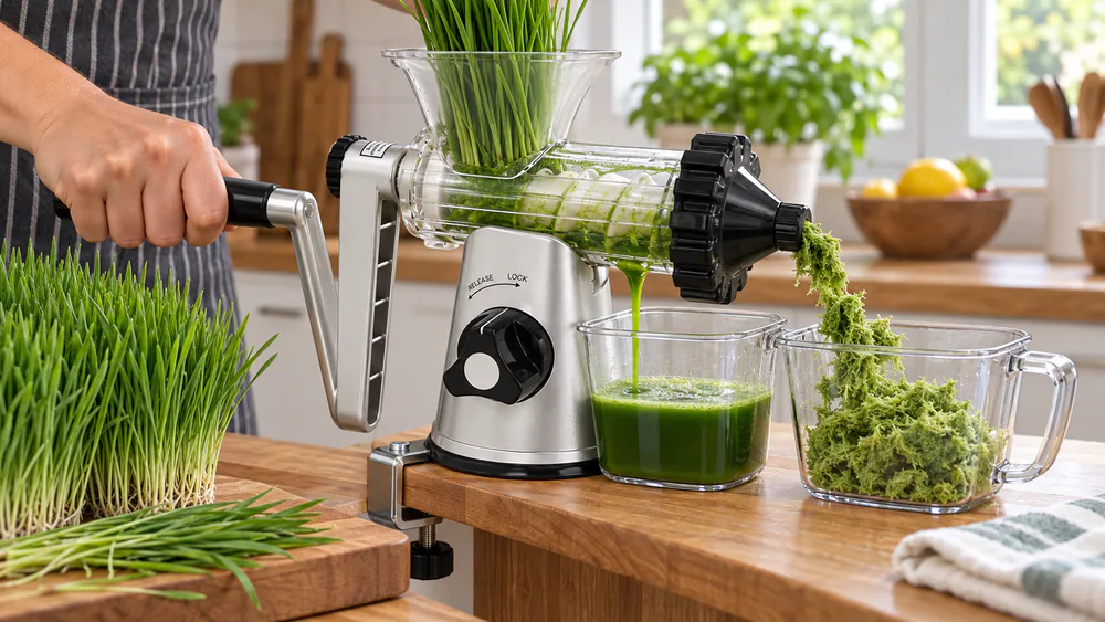 A handful of fresh wheatgrass shoots beside a hand-cranked masticating juicer on a wooden counter.