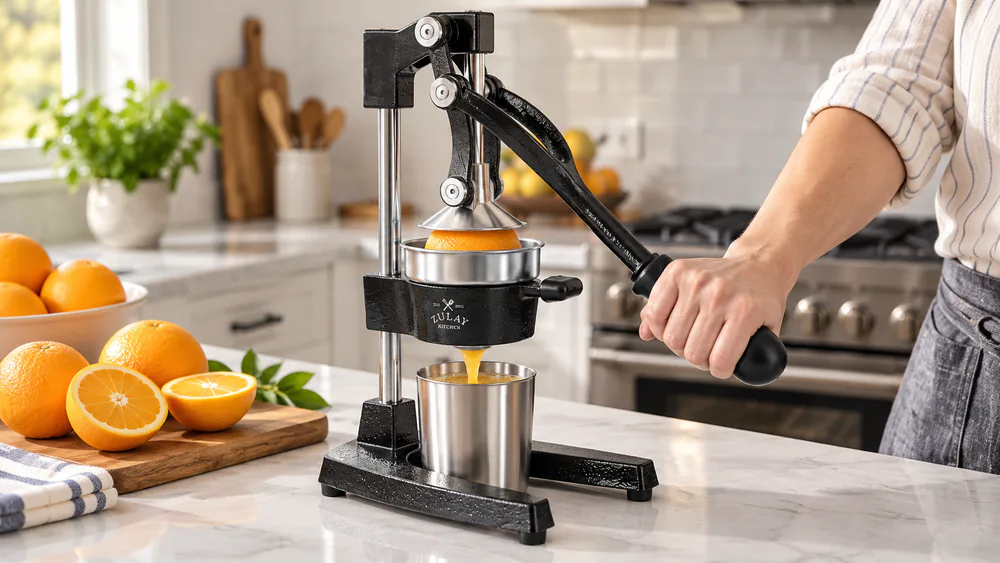 A cast iron lever press juicer pressing an orange half into a stainless cup on a kitchen counter, juice running into the cup.