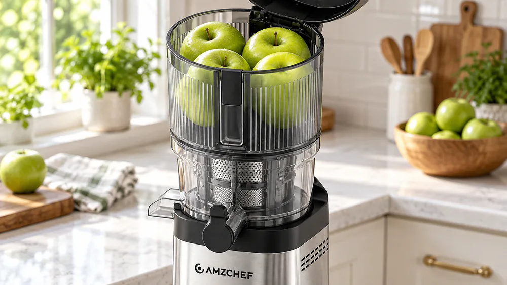 Four Granny Smith apples resting in the wide 5.4-inch feed chute of the AMZCHEF slow masticating juicer before pressing.