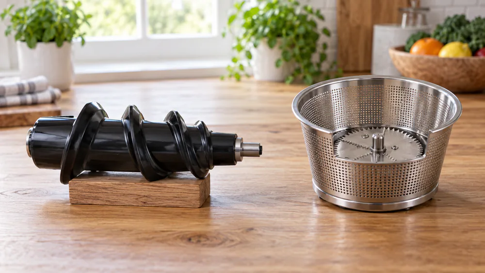 A masticating auger and a centrifugal blade basket side by side on a counter, showing the two extraction mechanisms that define the category.