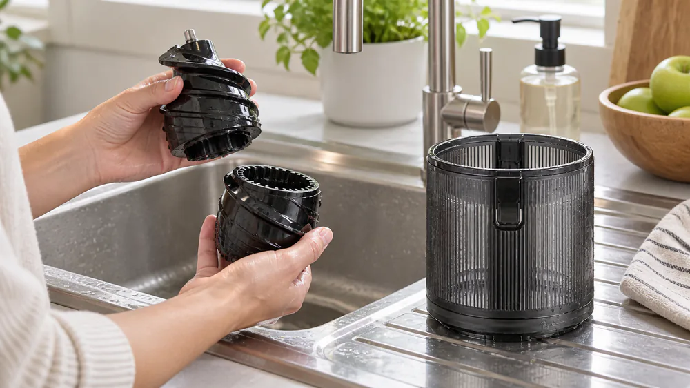 The Hurom H400's two-piece auger and screenless chamber held apart over a sink, showing the three parts that make up its cleanup.