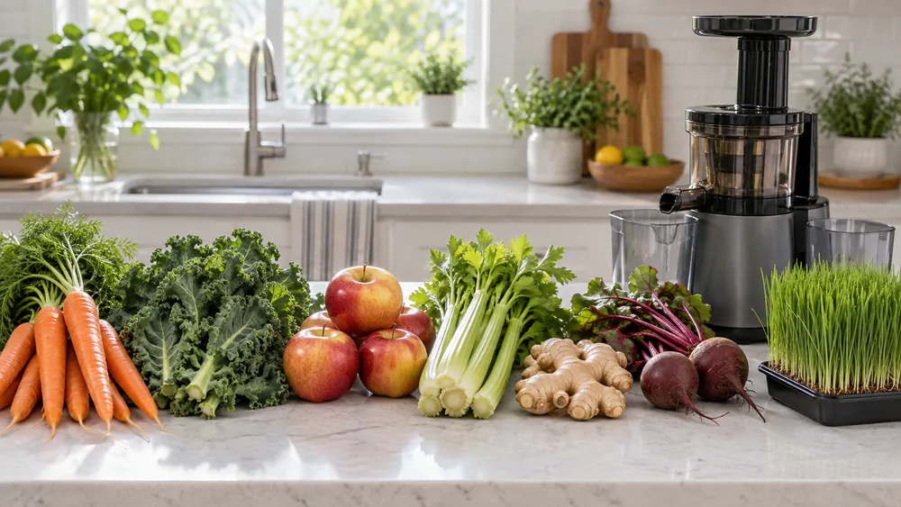 A test batch of carrots, kale, apples, celery, ginger, beets, and wheatgrass lined up on a test-kitchen counter beside a slow juicer.