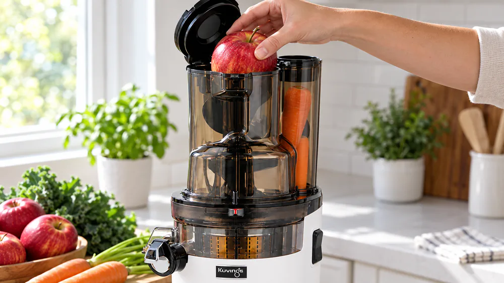 A whole apple dropping into the wide flip-gate chute of a matte white Kuvings REVO830 on a kitchen counter.