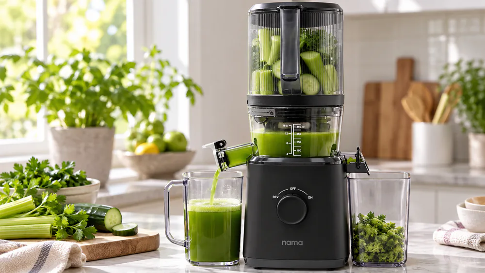 A Nama J2 juicer with its self-feeding hopper loaded with celery, cucumber, and parsley in a test kitchen, the clear chamber showing green juice below.