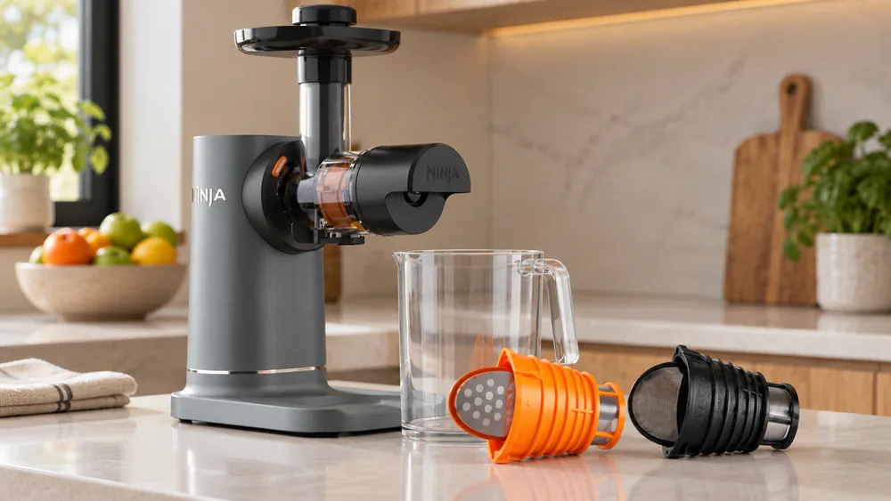 The Ninja NeverClog's two pulp filters, less pulp and lots of pulp, side by side on a kitchen counter beside the 24 oz juice jug.