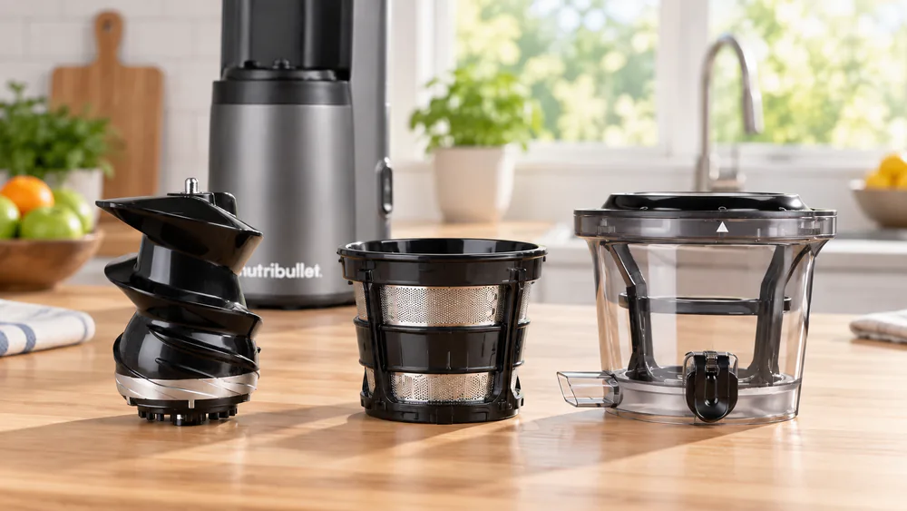 The NutriBullet Slow Juicer's auger assembly, sieve, and screen arranged in order on a kitchen counter, showing the parts that make up each batch.