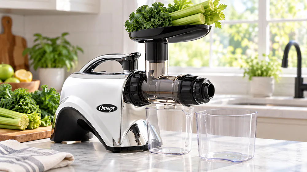 The horizontal Omega NC900 HDC with celery stalks and kale lined up on its extra-large feed tray, end-cap pressure dial visible.