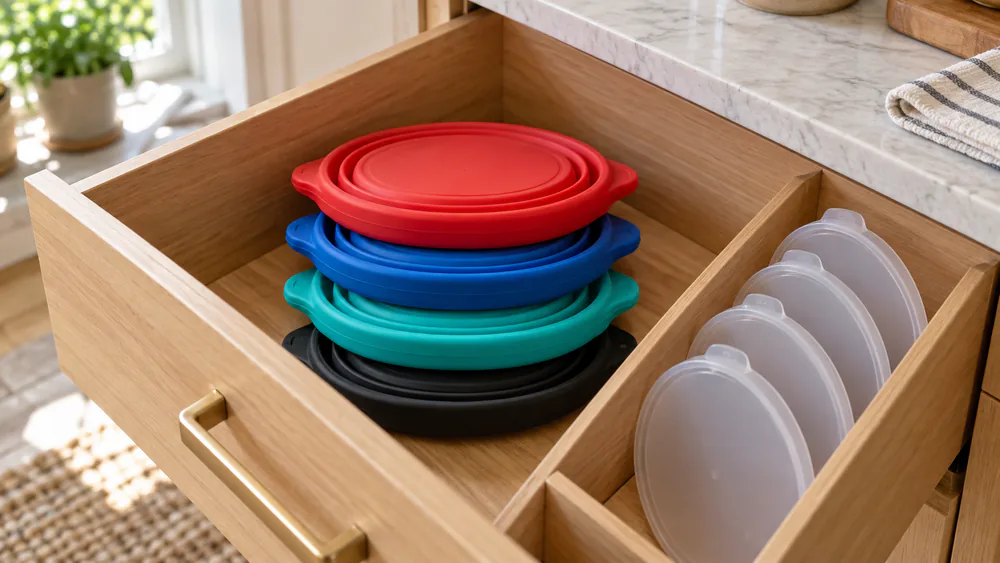 Four collapsible silicone popcorn bowls of different colors stacked flat in a kitchen drawer.