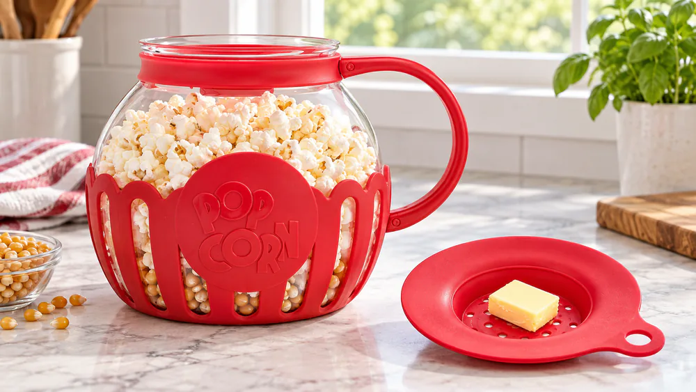 An Ecolution Micro-Pop borosilicate glass bowl of freshly popped corn with its silicone lid beside it, kernels visible through the clear glass walls.
