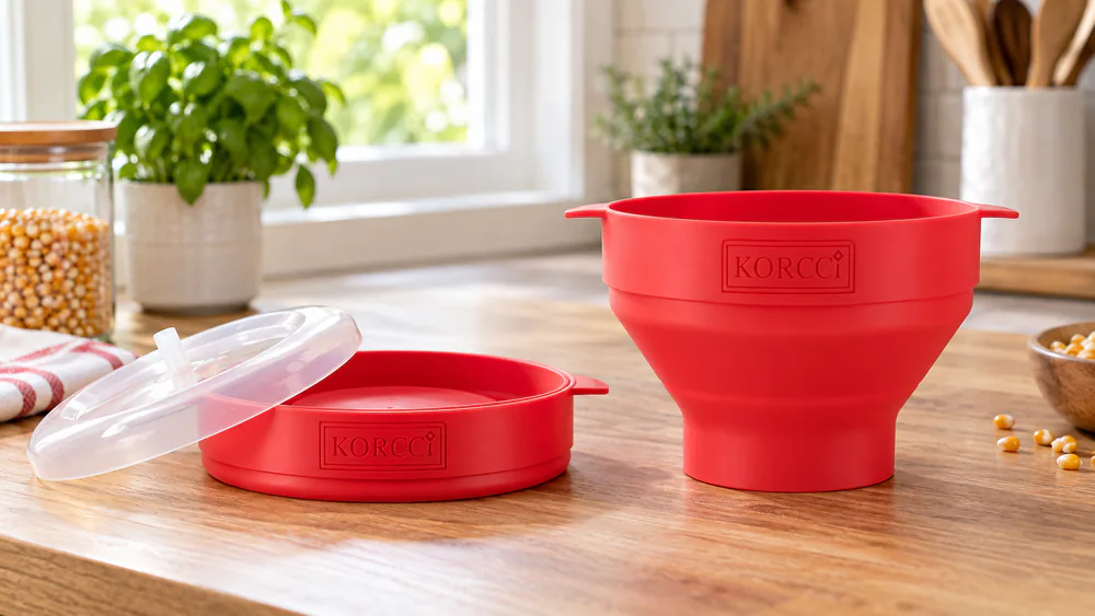 A red Korcci collapsible silicone popcorn bowl folded flat next to its open bowl shape, showing the height difference for drawer storage.