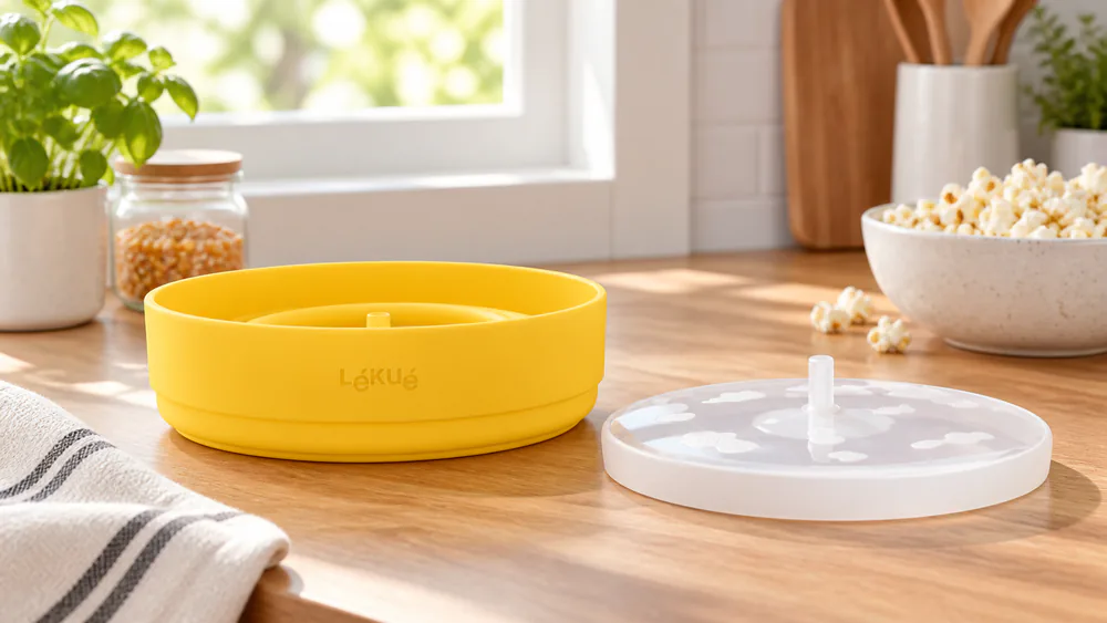 A yellow Lekue popcorn maker folded to about 3 inches tall with its suction lid beside the bowl.