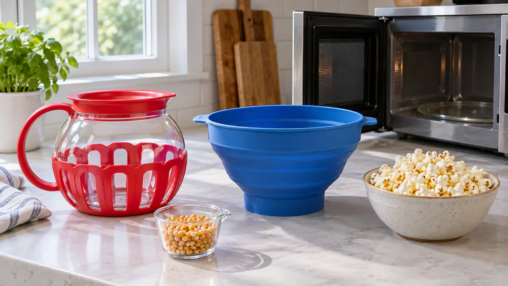 A glass popcorn popper and a silicone popcorn bowl on a counter beside a microwave, with measuring cups of kernels and a bowl of popped corn nearby.