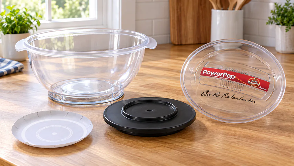 A Presto PowerPop rigid plastic popcorn bowl, lid, and PowerBase with a paper PowerCup concentrator on a counter.