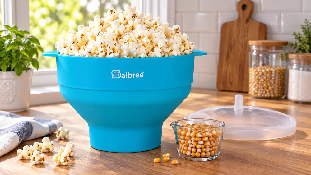 A turquoise Salbree collapsible silicone bowl overflowing with popped corn on a kitchen counter, with a measuring cup of kernels beside it.