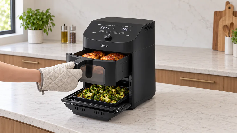 The Midea 11 qt dual-zone air fryer oven with the top basket pulled out, showing crisp chicken thighs above a tray of broccoli in the lower zone