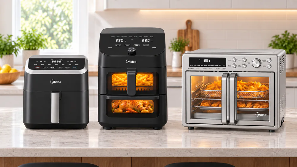 Three Midea air fryers on a kitchen counter: a 5.5 qt basket, an 11 qt dual-zone unit, and a Flexify French door oven, shown at relative scale