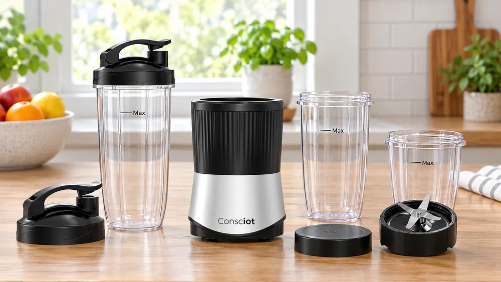 A Consciot CB08 base with its three to-go cups and lids arranged in front of it on a counter.