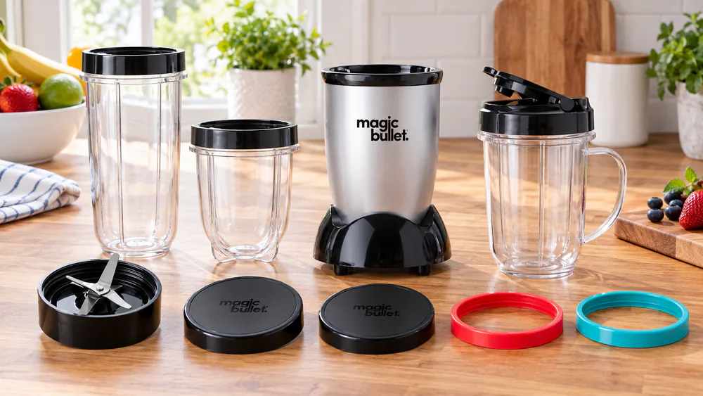 A Magic Bullet 11-piece set laid out: tall cup, short cup, party mug, lids, and cross-blade.