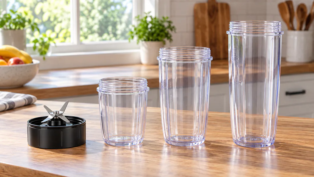 A close-up of a mini blender cross-blade next to three single-serve cups in different sizes.