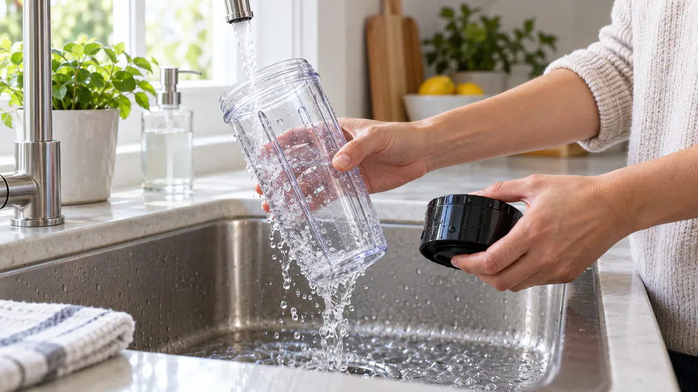 A mini blender cup and blade being rinsed under a kitchen tap, water beading on the cup.