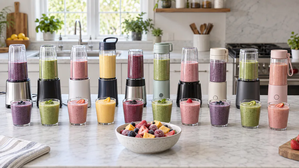 Ten mini blenders lined up on a test-kitchen counter with filled cups and a bowl of frozen fruit in front.
