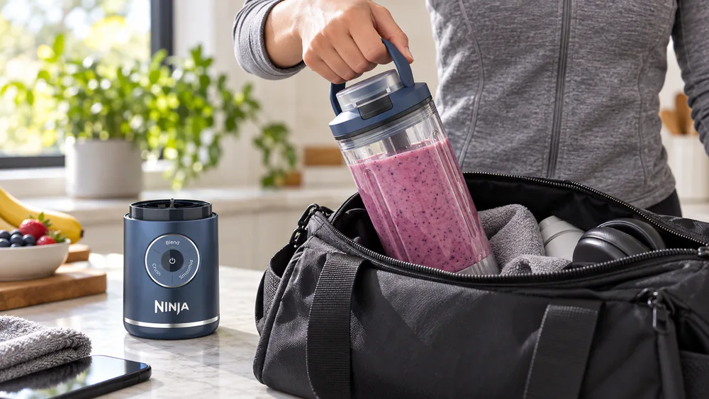 A Ninja Blast Max vessel held by its silicone handle, detached from the base and packed in a gym bag.