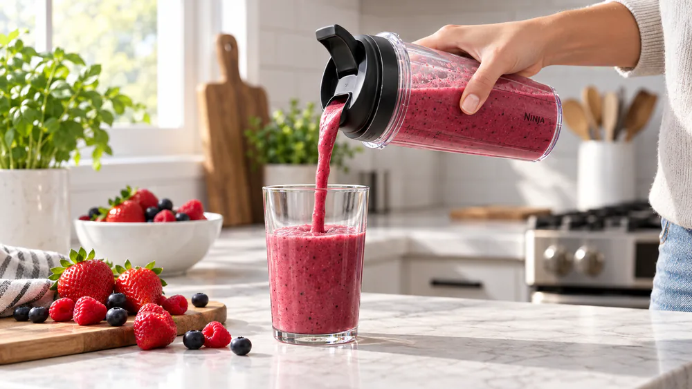 A Ninja Fit cup of strawberry smoothie tilted over a glass, spout lid open, frozen berries beside it.