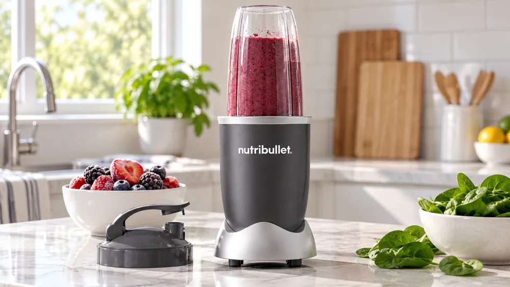 A NutriBullet 600 cup locked onto its base, with a to-go lid and frozen fruit nearby.