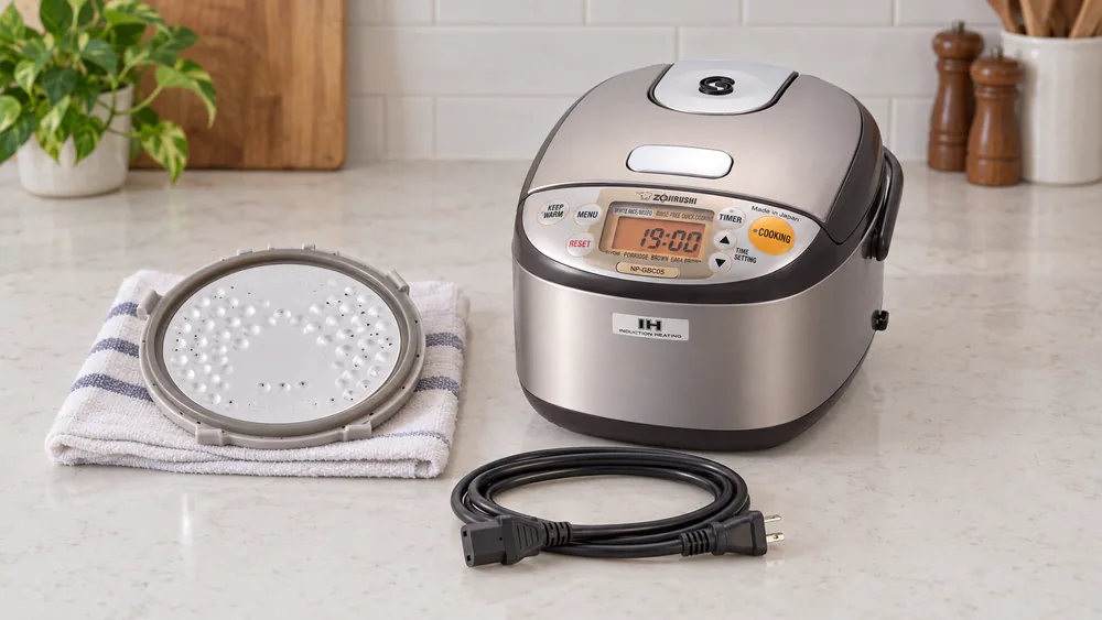 The Zojirushi NP-GBC05XT induction rice cooker with its detachable inner lid removed and cord unplugged on a kitchen counter