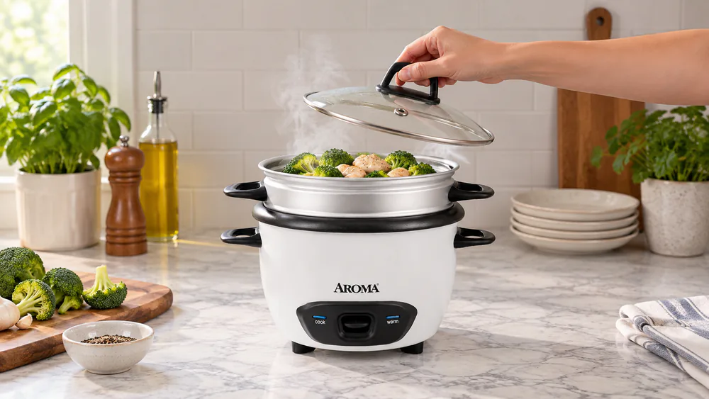 Aroma 3-Cup ARC-743 with its steam tray loaded with broccoli and chicken above cooking rice, glass lid lifted on a kitchen counter