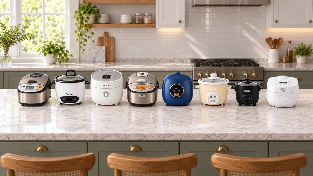 Eight mini rice cookers lined up on a kitchen counter with lids closed, from the tiny 1-cup Dash to the 3-cup Zojirushi induction model