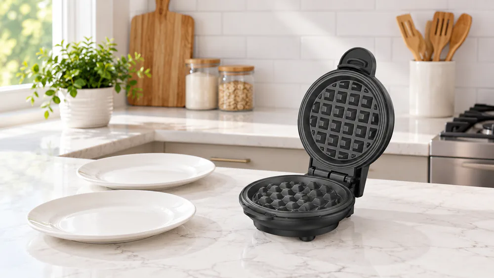 A 4-inch mini waffle maker standing open on a kitchen counter