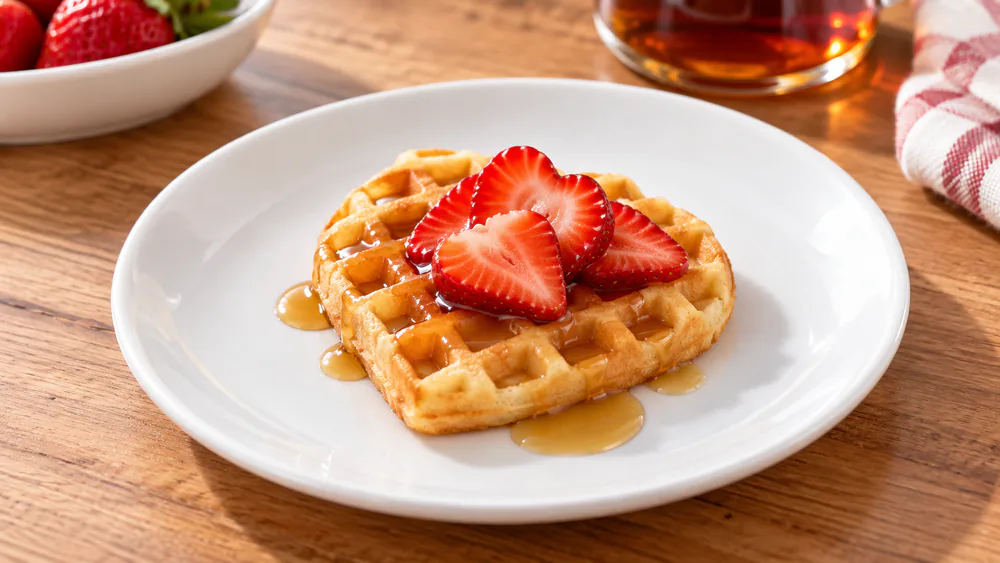 A heart-shaped waffle on a small plate with sliced strawberries and a drizzle of syrup