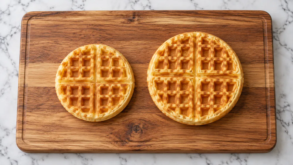 A 4-inch waffle next to a larger 5-inch waffle on a cutting board for size comparison