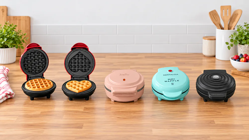 Five compact mini waffle makers lined up in a row on a kitchen counter