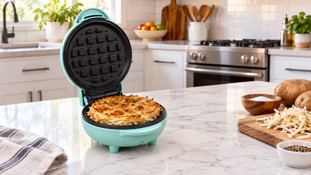 Golden hash browns on the open plates of a Nostalgia MyMini Personal Waffle Maker