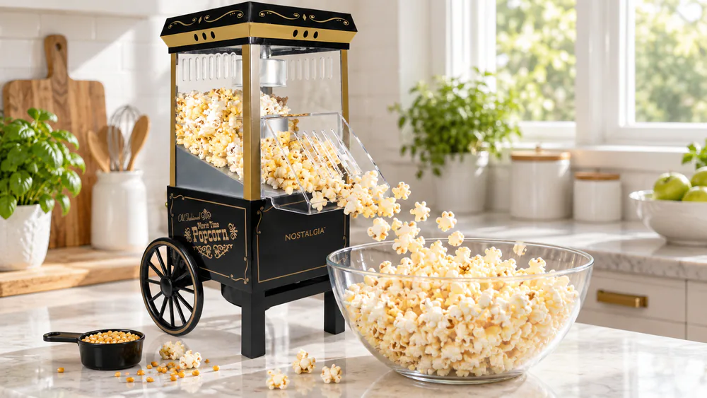 A Nostalgia Vintage Hot-Air popcorn cart popping into an oversized mixing bowl, with a few loose kernels on the counter around it.