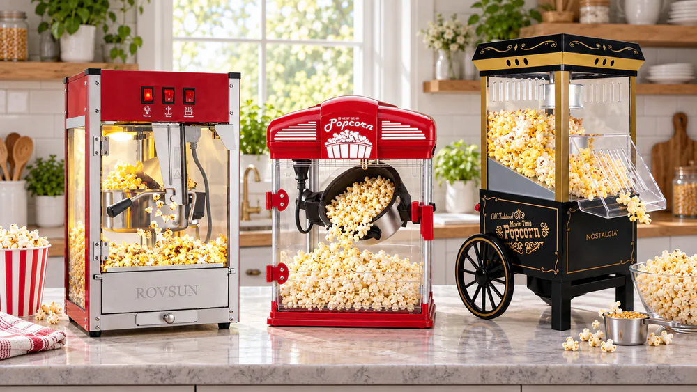 Three popcorn machines side by side, an 8-oz countertop kettle, a 4-qt Stir Crazy, and a tall vintage cart, showing the difference in batch size and footprint.