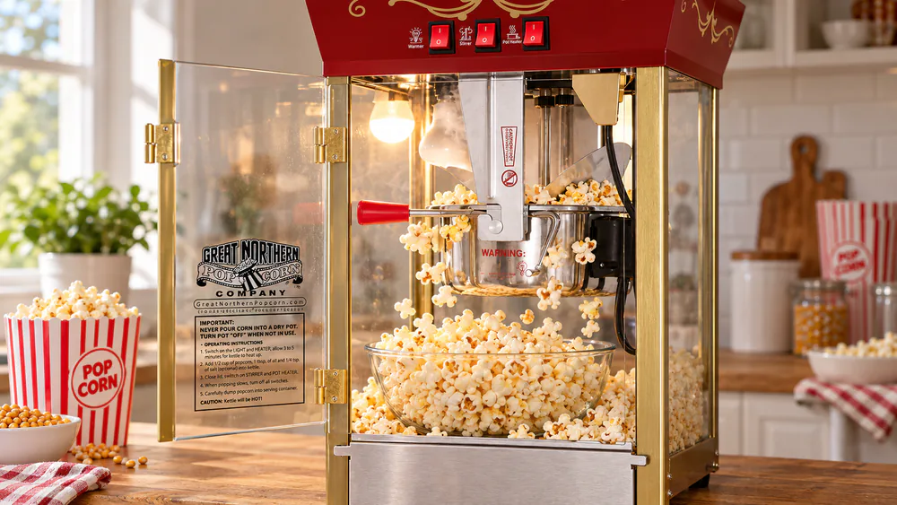 A Great Northern Matinee 8-oz kettle mid-pop with steam rising, a full bowl of popcorn on the warming deck beside it.
