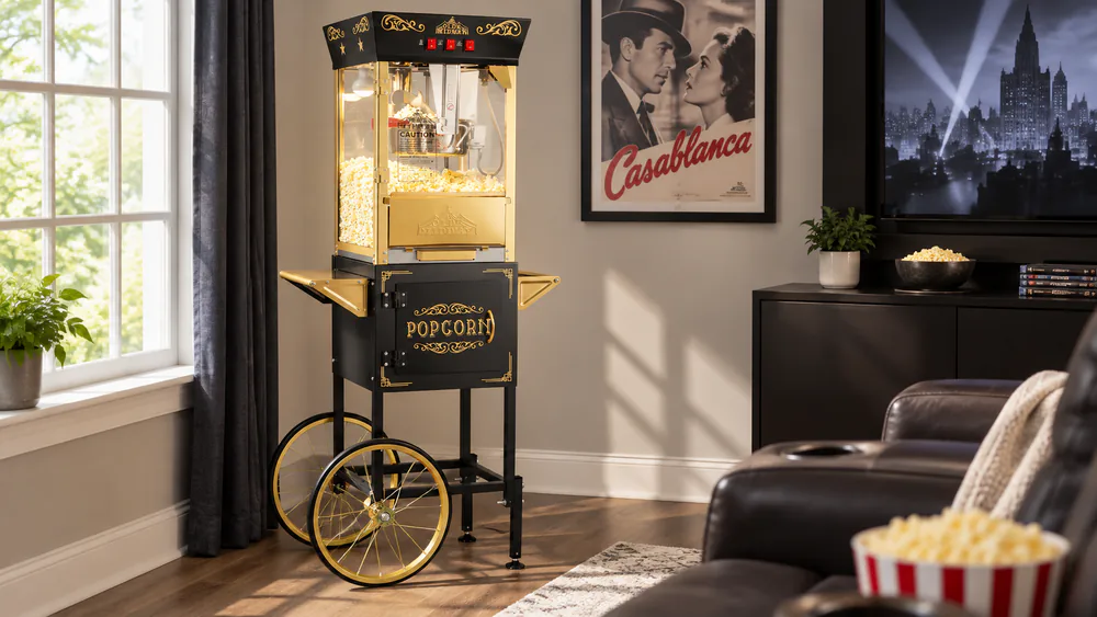 An Olde Midway 10-oz popcorn cart on carpet beside a media room couch, its 16-inch wheels and tempered glass front visible.