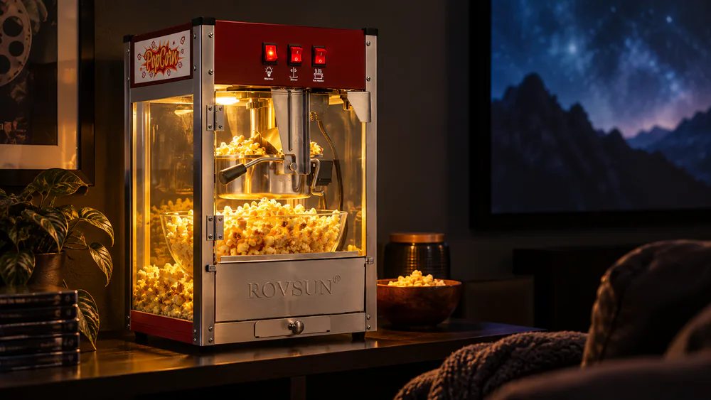 A ROVSUN 8-oz countertop popcorn machine glowing with its interior LED light on a dark shelf, a full batch in the serving bowl.