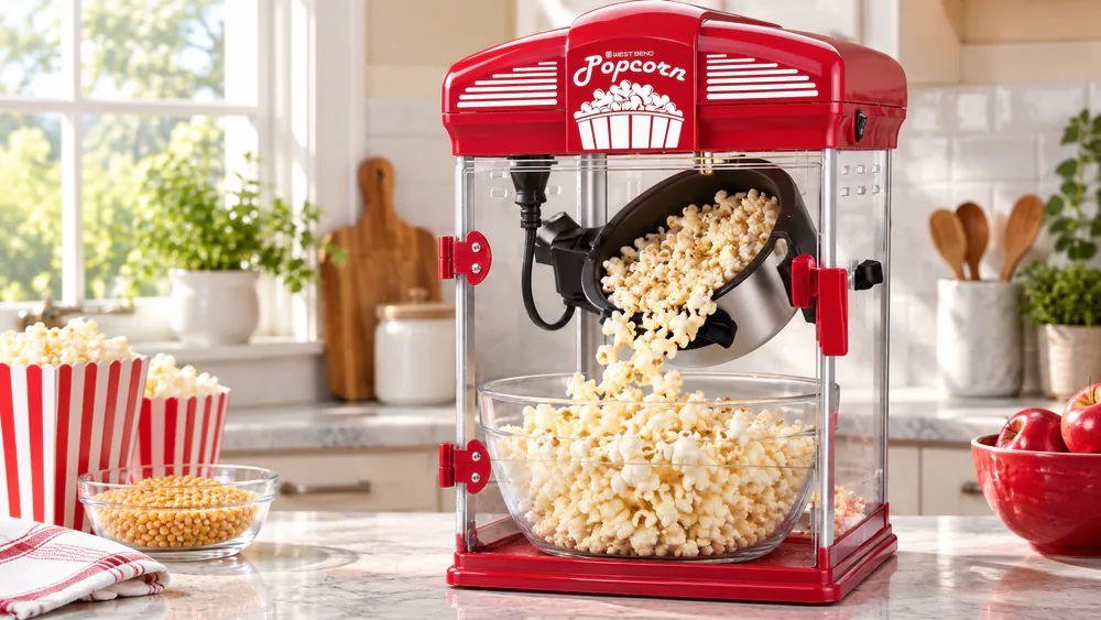 A West Bend Stir Crazy 4-qt popcorn machine with its kettle tilted by the quick-release lever, popcorn sliding into the serving bowl.