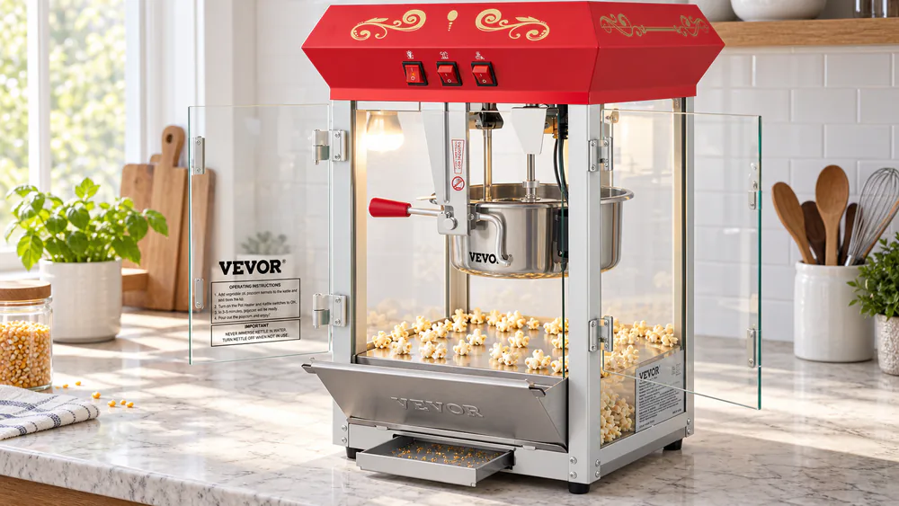 A VEVOR 8-oz popcorn machine with its tempered glass doors open, a shallow layer of popcorn on the warming deck and the crumb tray pulled out.