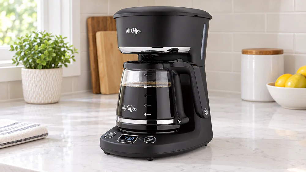 Close-up of the Mr. Coffee 12-Cup Programmable Brew Now or Later showing the LED clock display and the water window on the side of the tank