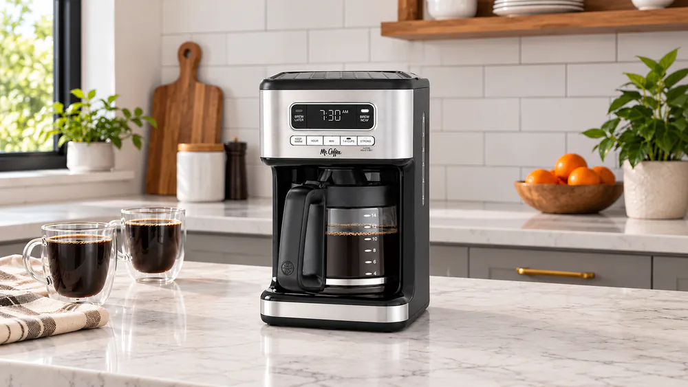 Control panel of the Mr. Coffee 14-Cup Programmable Coffee Maker showing the Strong Brew, 1-4 cup, and Brew Later buttons next to the clock display