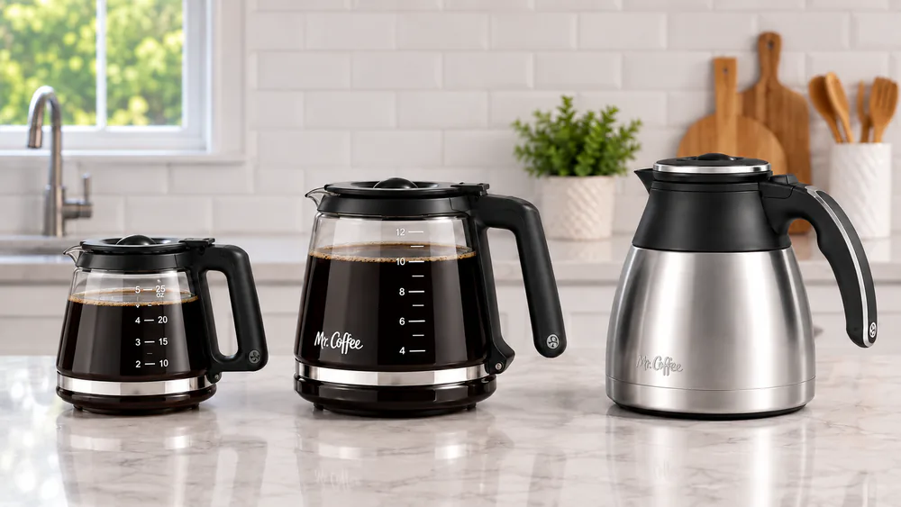 Three Mr. Coffee carafes of different sizes side by side on a counter, a small 5-cup glass pot, a 12-cup glass pot, and a stainless thermal carafe