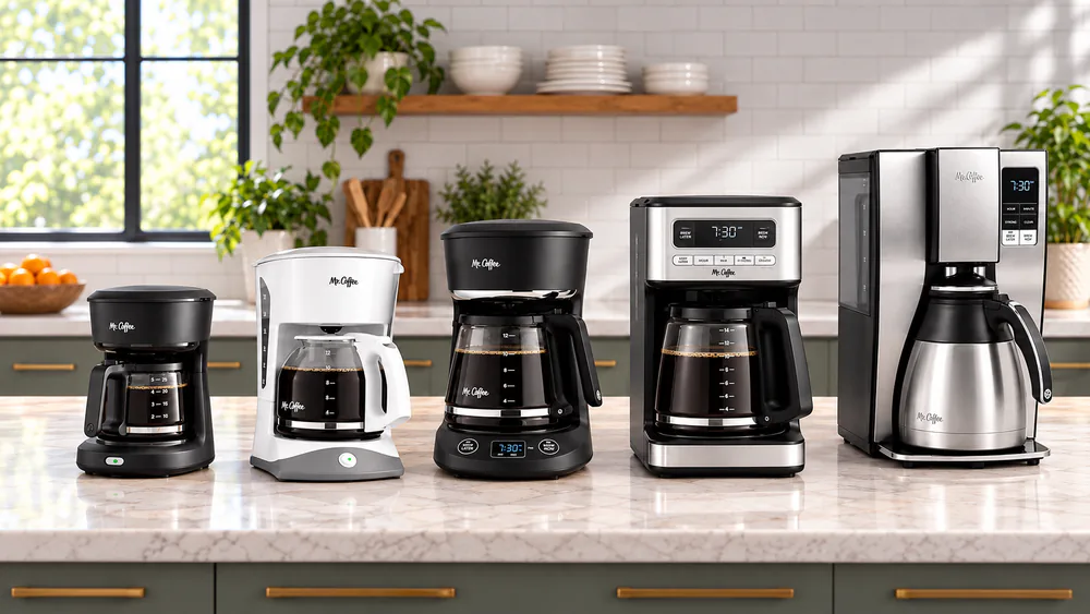 Five Mr. Coffee drip coffee makers lined up on a kitchen counter, from the compact 5-cup Mini Brew to the stainless thermal model, each with its carafe in place
